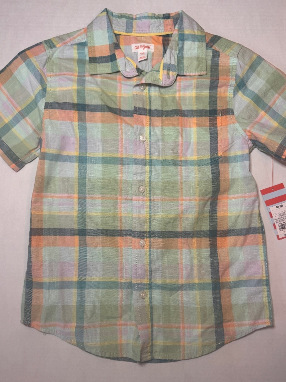 Cat & Jack Medium (8) Plaid Button Down  Sort Sleeve Chest Pocket Spring Shirt